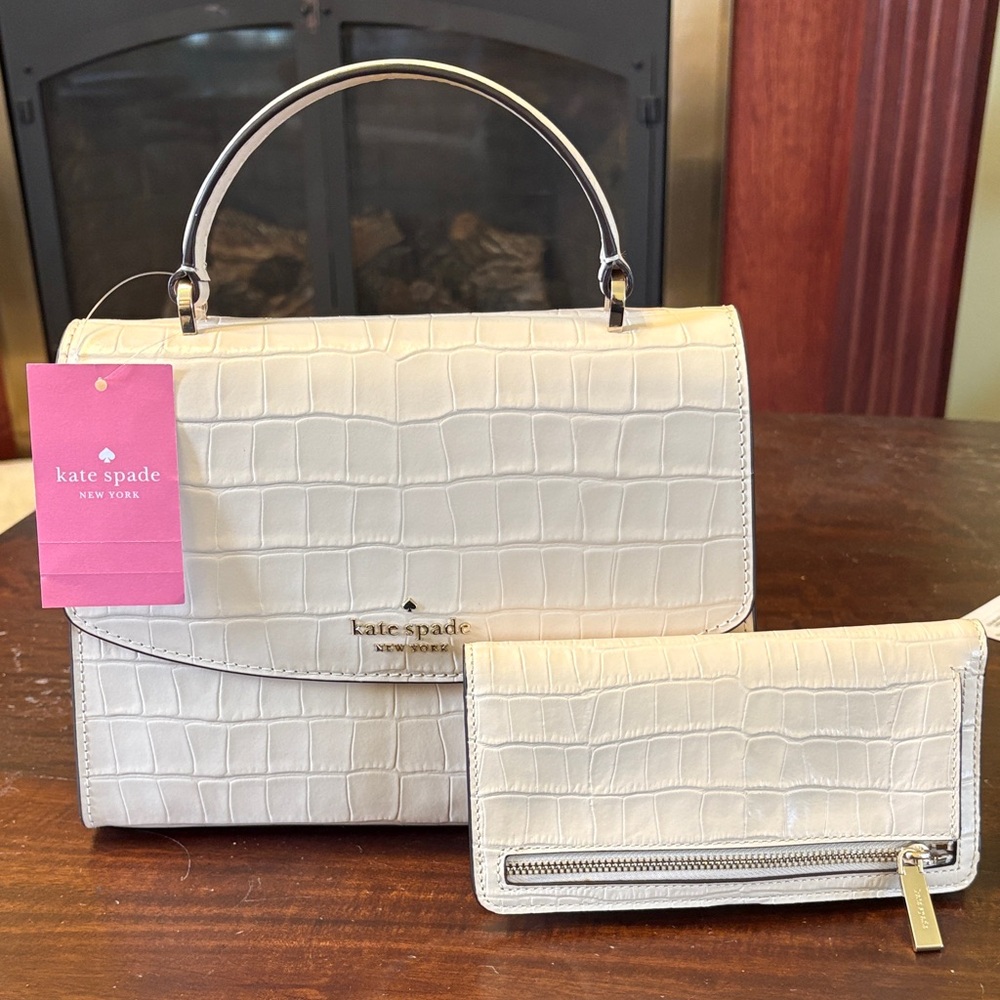 kate spade Ivory Croc-Embossed Satchel Set (new with tags)